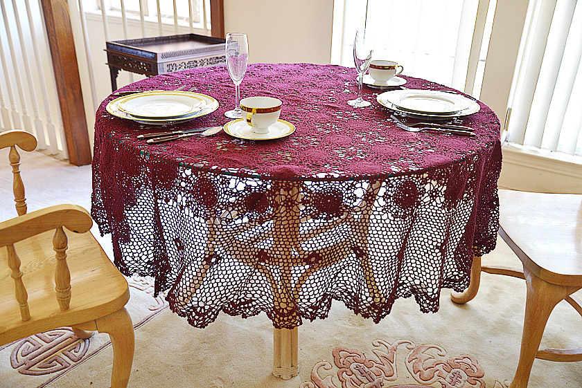 festive merlot colored crochet tablecloth