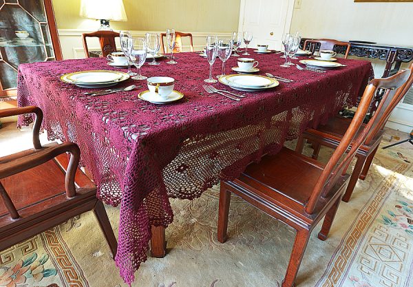 Festive Merlot colored crochet tablecloth