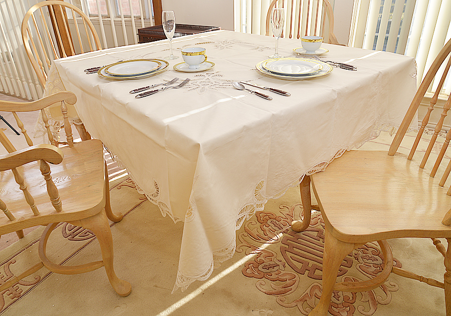 70"square tablecloth, pearl color tablecloth, battenburg lace square tablecloth.