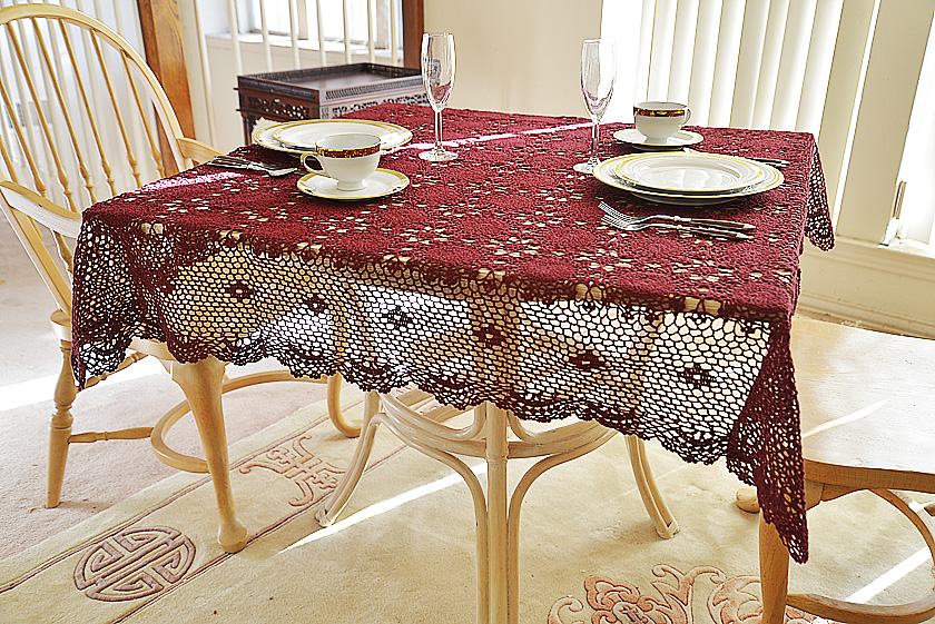 Festive Merlot colored square crochet tablecloth