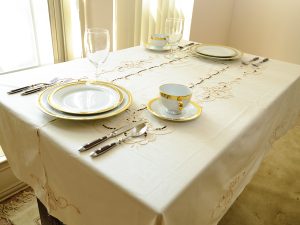 Rectangular Tablecloth. Imperial Embroidery. Pearled Ivory Color