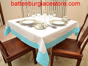 54"square hemstitch tablecloth with River Blue border