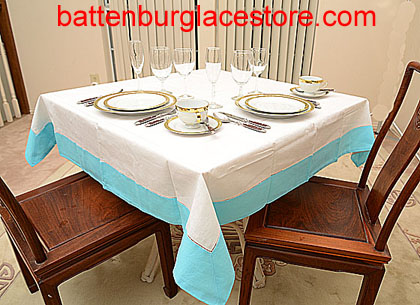 54"square hemstitch tablecloth with River Blue border